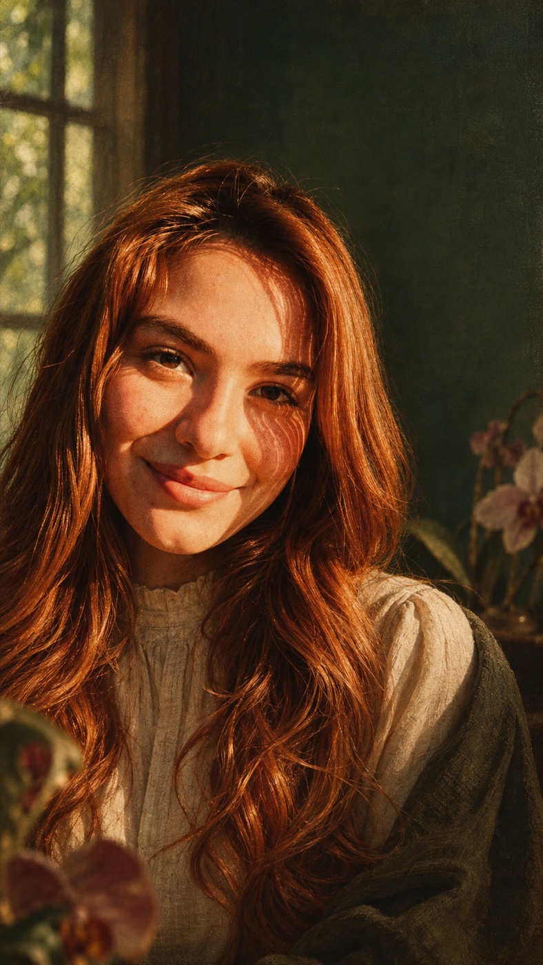 Yeraldin Soto smiling in warm window light, orchids beside her